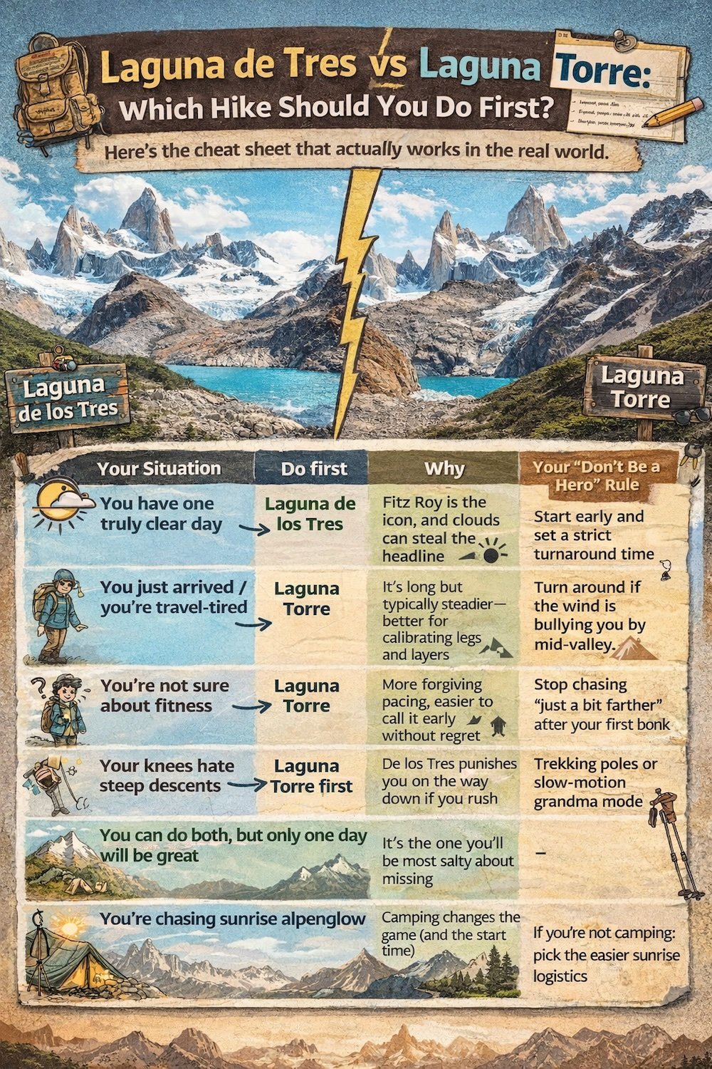 El Chaltén, Patagonia hiking infographic comparing Laguna de los Tres vs Laguna Torre, showing which hike to do first based on weather, fitness, travel fatigue, knees, sunrise plans, and real-world decision rules for Fitz Roy and Cerro Torre trails.