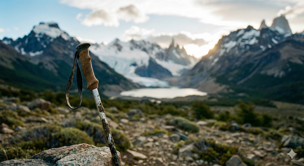 El Chaltén Patagonia Argentina close-up hiking pole resting on rock with bokeh view of Loma del Pliegue Tumbado trail and distant mountain lake under soft evening light in Patagonia's trekking heartland highlighting essential hiking gear