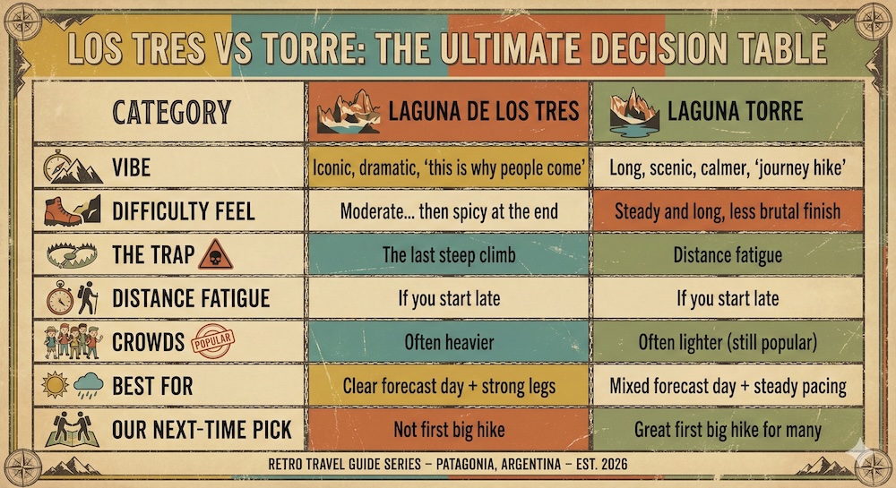 El Chaltén Patagonia Los Tres vs Laguna Torre hiking decision table infographic El Chaltén, Patagonia Los Tres vs Laguna Torre decision-table infographic comparing vibe, difficulty, crowds, and best conditions to help hikers choose the right trail based on weather, pacing, and fitness.