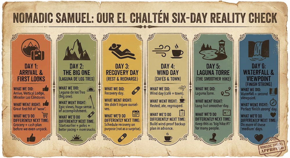 El Chaltén Patagonia six-day hiking reality check infographic with lessons learned from our trip El Chaltén, Patagonia six-day hiking reality check infographic by Nomadic Samuel showing arrival, Laguna de los Tres, recovery, wind day, Laguna Torre, and waterfall days with what went right and what we’d do differently next time.