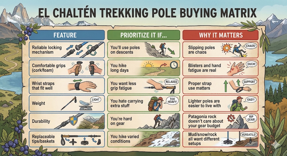 El Chaltén Patagonia Argentina trekking pole buying matrix infographic showing key features like locking mechanisms, grips, straps, weight, durability, and baskets to help hikers choose poles for Patagonian trails