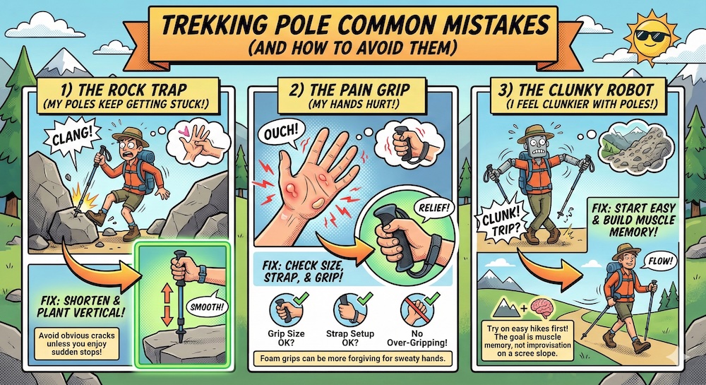 El Chaltén Patagonia Argentina infographic illustrating common trekking pole mistakes, including poles getting stuck in rocks, painful gripping, and clunky movement, plus simple fixes for better hiking technique on mountain trails