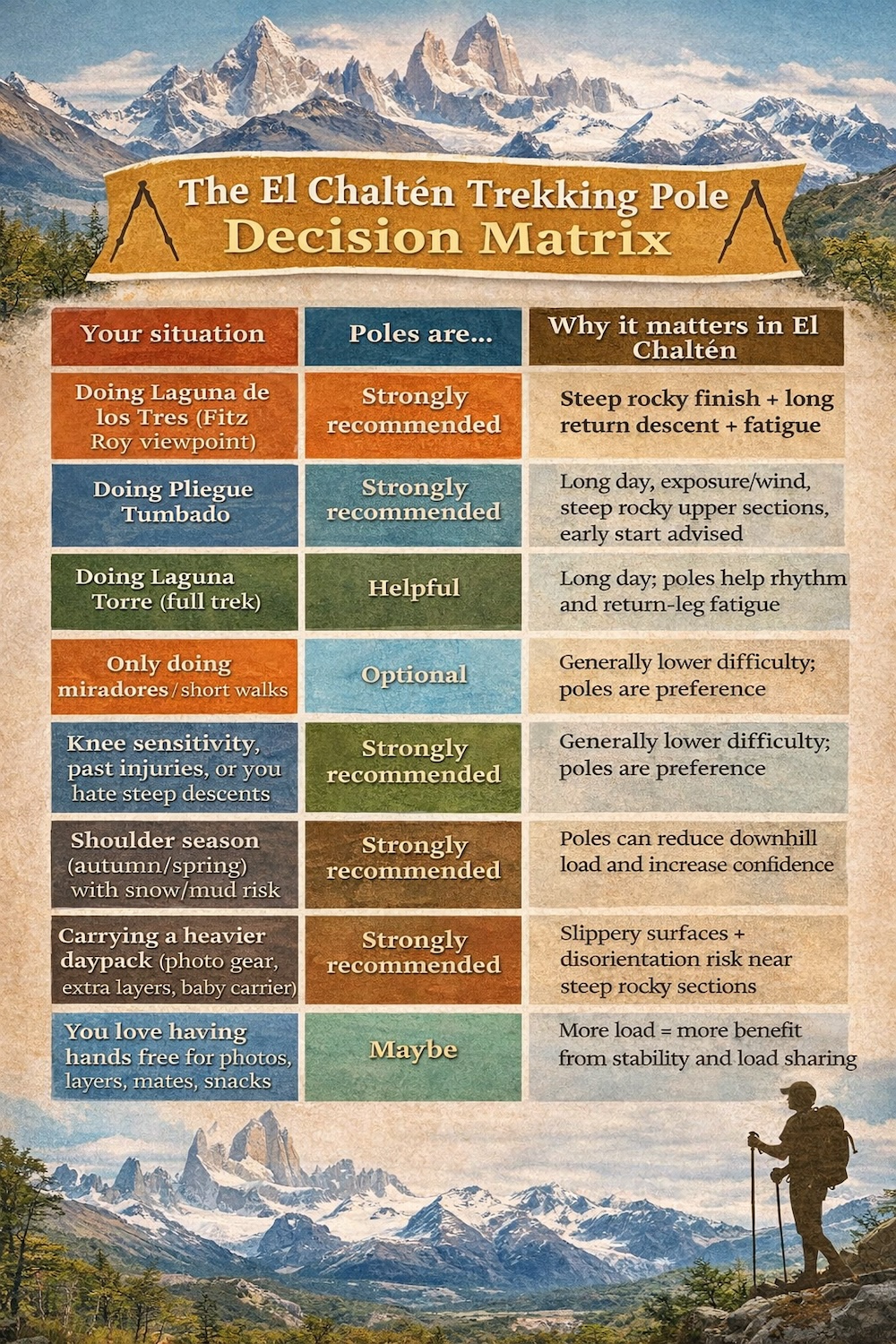El Chaltén Patagonia Argentina trekking pole decision matrix infographic showing when hikers should use trekking poles on Laguna de los Tres, Laguna Torre, and other trails based on terrain, fatigue, and conditions