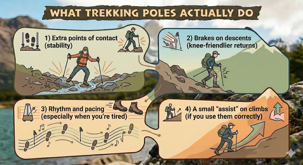 El Chaltén Patagonia Argentina infographic explaining what trekking poles actually do, illustrating stability, downhill braking, rhythm and pacing, and climbing assistance for hikers on mountain trails