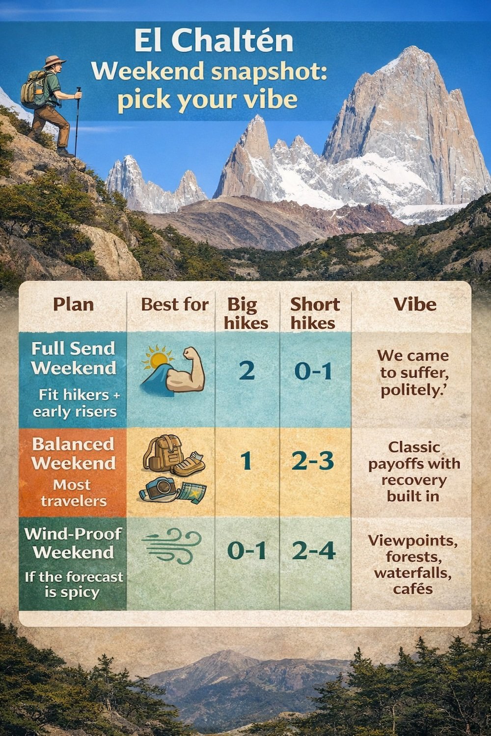 El Chaltén, Patagonia weekend hiking infographic comparing three itineraries: Full Send (2 big hikes, 0–1 short), Balanced (1 big, 2–3 short), and Wind-Proof (0–1 big, 2–4 short) with matching vibe notes.