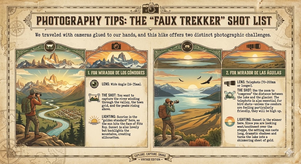 El Chaltén Photography Guide: Best Lenses and Lighting A retro-style photography guide infographic for El Chaltén, Argentina. It provides "Faux Trekker" shot lists for Mirador de los Cóndores and Mirador de las Águilas, recommending wide-angle lenses for sunrise mountain shots and telephoto lenses for sunset steppe and glacier views.