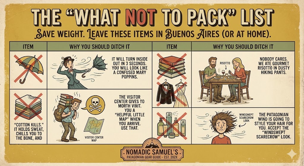 A retro-style infographic titled 'The What NOT to Pack List' for El Chaltén. It advises travelers to ditch umbrellas, cotton t-shirts, heavy guidebooks, fancy clothes, and hair products in favor of lighter, more practical gear.