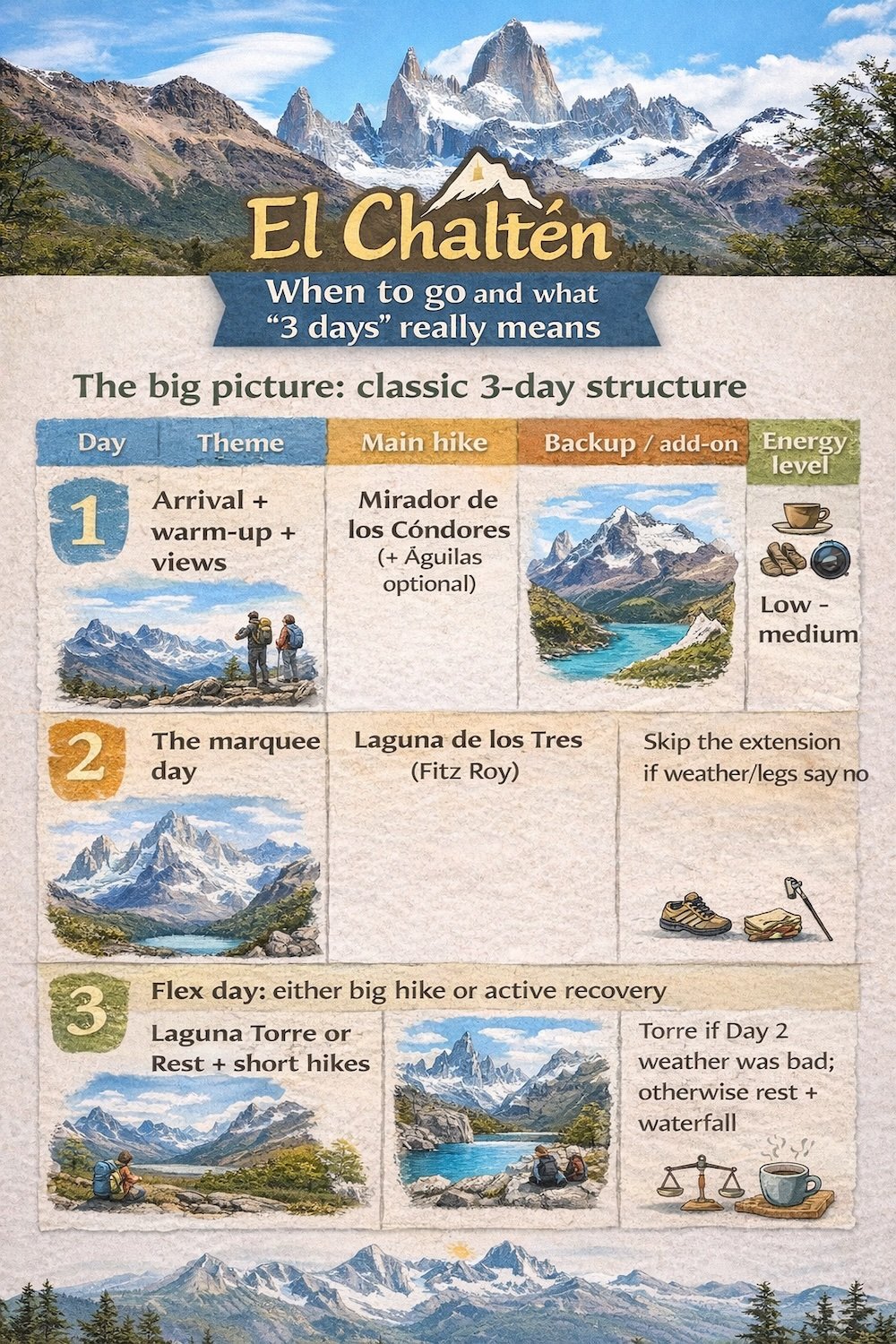 El Chaltén 3-day itinerary infographic showing when to go and how to structure three days, with arrival warm-up hikes, Laguna de los Tres as the marquee day, and a flexible third day for Laguna Torre or active recovery.
