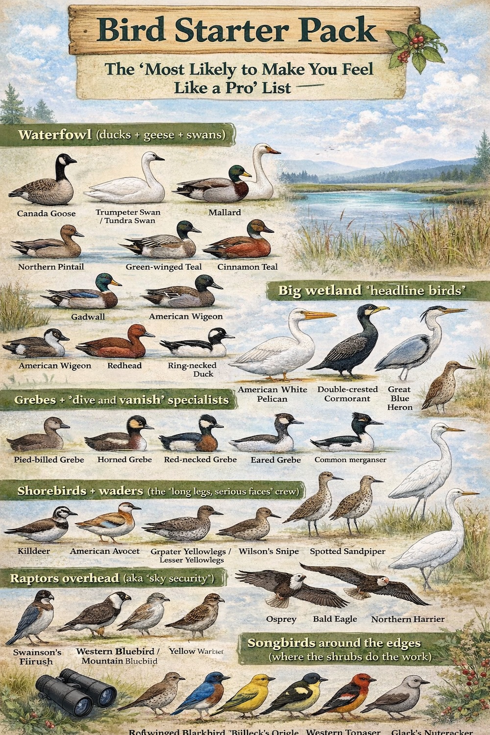 Elizabeth Lake Bird Sanctuary in Cranbrook, BC bird starter pack infographic showing common waterfowl, wetland birds, grebes, shorebirds, raptors, and songbirds, designed to help beginners quickly identify species most often spotted during easy, family-friendly walks around the lake.
