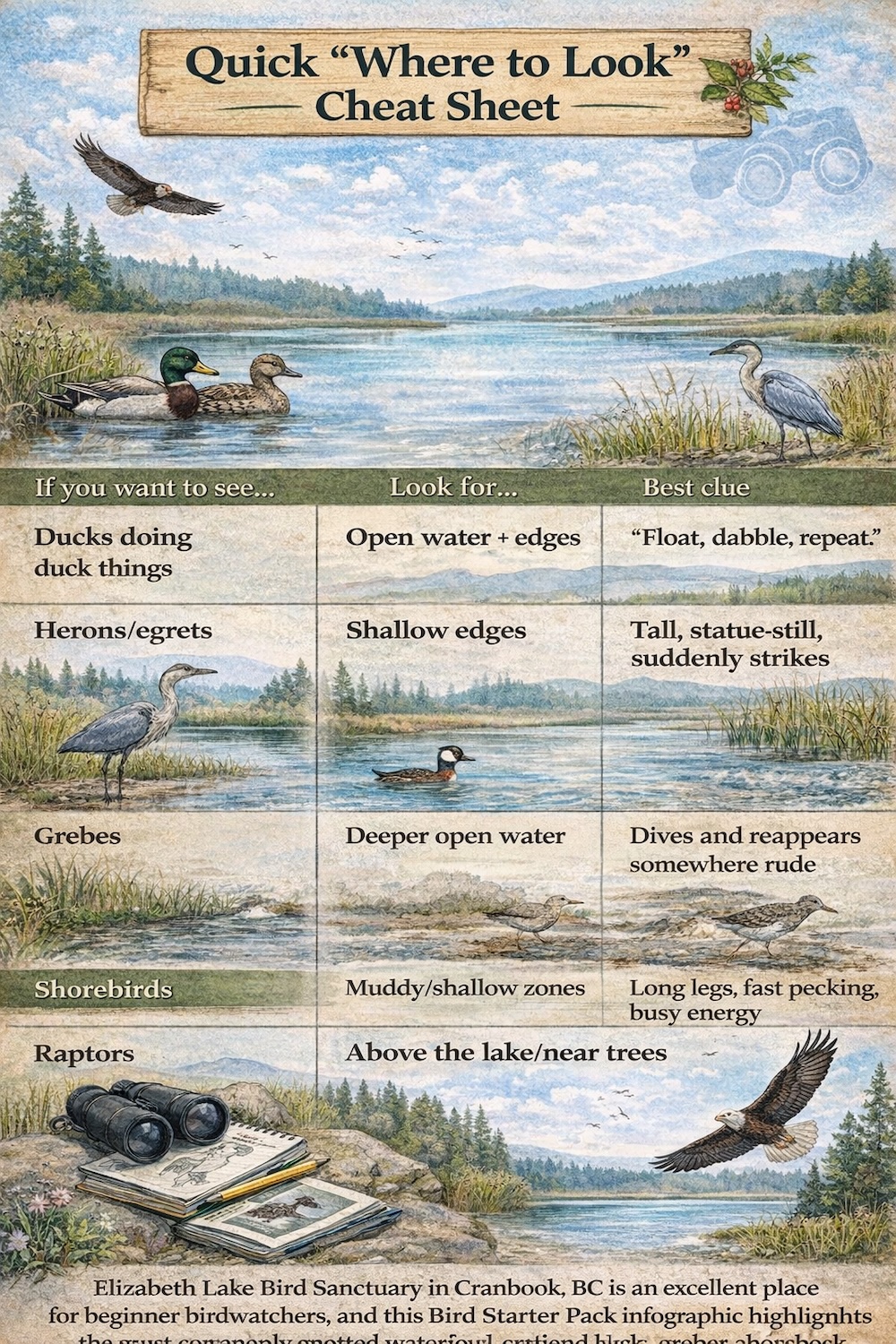 Elizabeth Lake Bird Sanctuary in Cranbrook, BC birdwatching cheat sheet infographic showing where to look for ducks, herons, grebes, shorebirds, and raptors, with simple habitat clues like open water, shallow edges, muddy zones, and sky scanning to help beginners spot birds easily.

