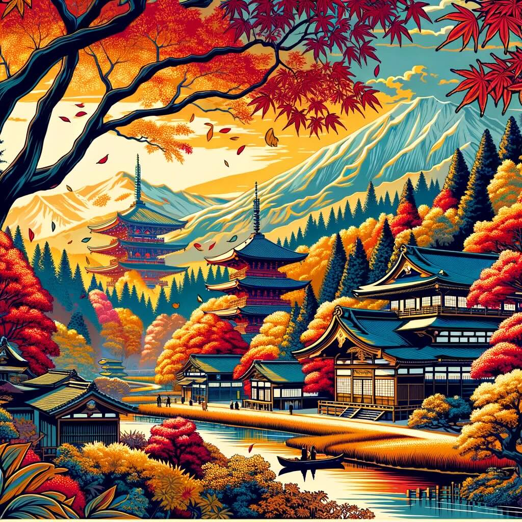 Encapsulates the enduring appeal of rural Japan in autumn portrays the beauty of transition in the countryside, with scenes of traditional villages, serene temples, and majestic natural landscapes adorned with autumn foliage, capturing the immersive experience of Japan’s fall foliage and highlighting the journey beyond sightseeing with a focus on wonder, respect, and mindfulness.