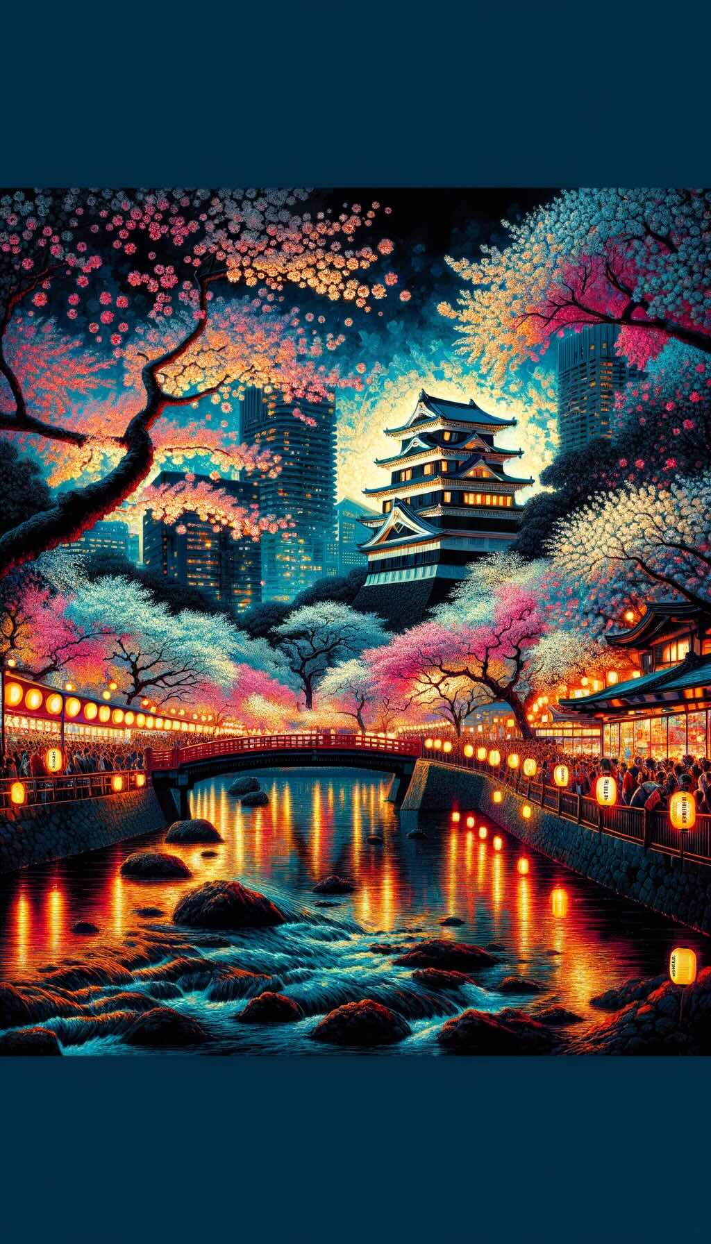 Enchanting scenes of nighttime cherry blossom viewing, or 'yozakura', in Japan captures the magical and surreal ambiance of illuminated sakura against the night sky, showcasing iconic locations like Ueno Park, Meguro River, and Nijo Castle. 