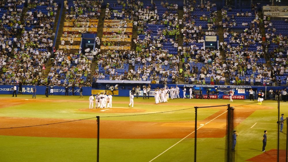 End of the game at a baseball game in Tokyo, Japan 