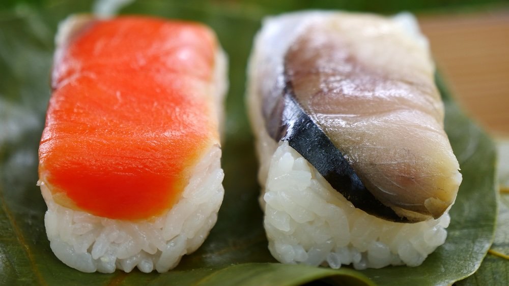 Enjoy Fresh Salmon and Mackerel Sushi local eateries in Nara, typically priced around 1,300 Yen Mackerel sushi, or "sabazushi," is a regional specialty