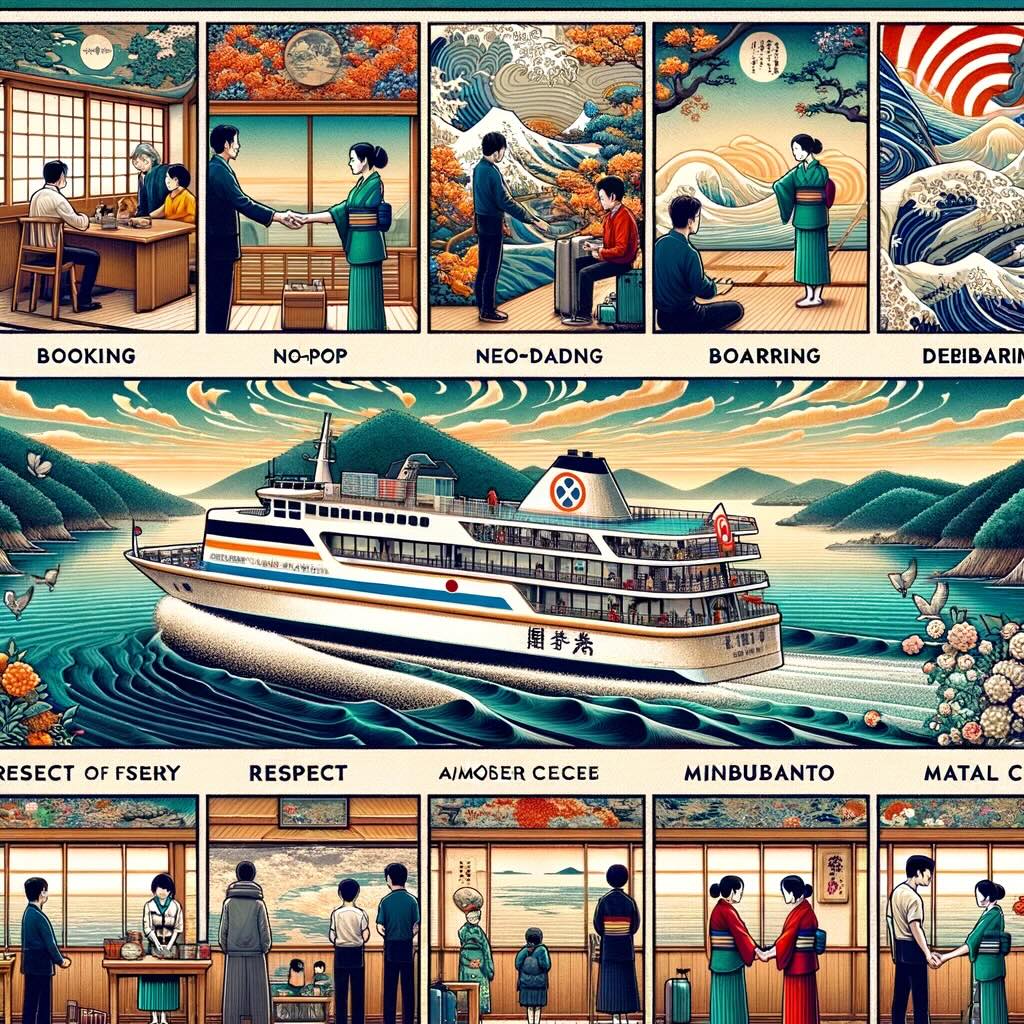 Entire journey of traveling on Japanese ferries, capturing the essence of etiquette and the cultural ethos of harmony, respect, and mutual care. It beautifully illustrates the journey from booking and boarding to disembarking, showcasing scenes of passengers practicing respect, mindfulness, and consideration. The serene landscapes, diverse passengers, and communal harmony aboard the ferry are vividly portrayed, conveying the beauty of Japan’s waters, the inclusive nature of ferry travel, and the tradition of travel etiquette that makes the ferry journey a unique cultural and personal experience.