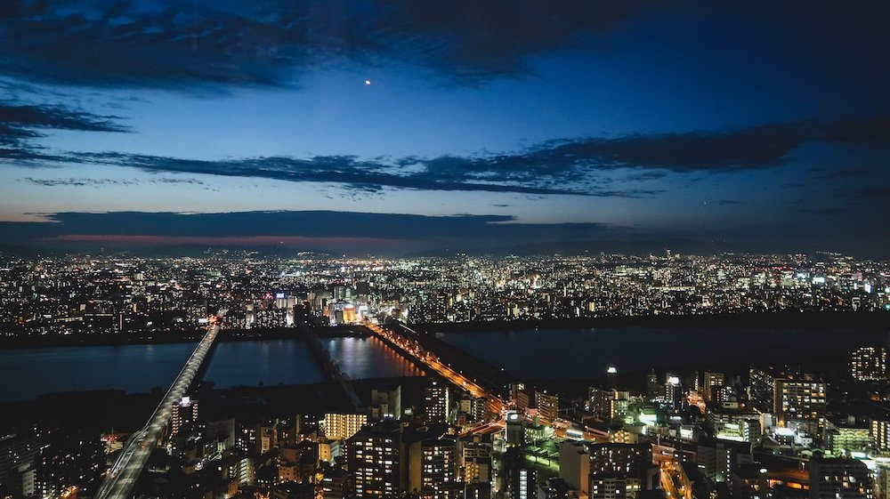 Epic high vantage point views of Osaka, Japan at night 