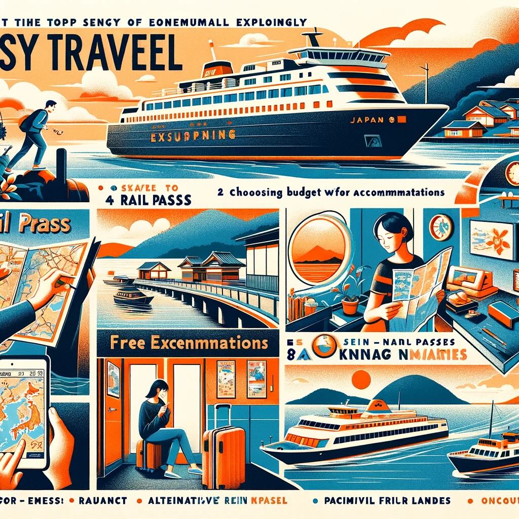 Essence of budget-friendly ferry travel in Japan, highlighting top strategies for economical exploration. It illustrates a traveler using a map to plan routes, choosing budget accommodations, packing their own meals, and enjoying free onboard amenities. The use of rail passes for discounts, minimal luggage for ease of travel, and engagement with alternative, less-known ferry services are also depicted. Visuals of the serene beauty of Japan's maritime landscape, vibrant coastal towns, and tranquil islands underscore the adventure and discovery that await despite a limited budget convey the joy of smart, economical travel across Japan's ferries, emphasizing rich experiences over lavish expenditures and showcasing the art of traveling light and smart. 