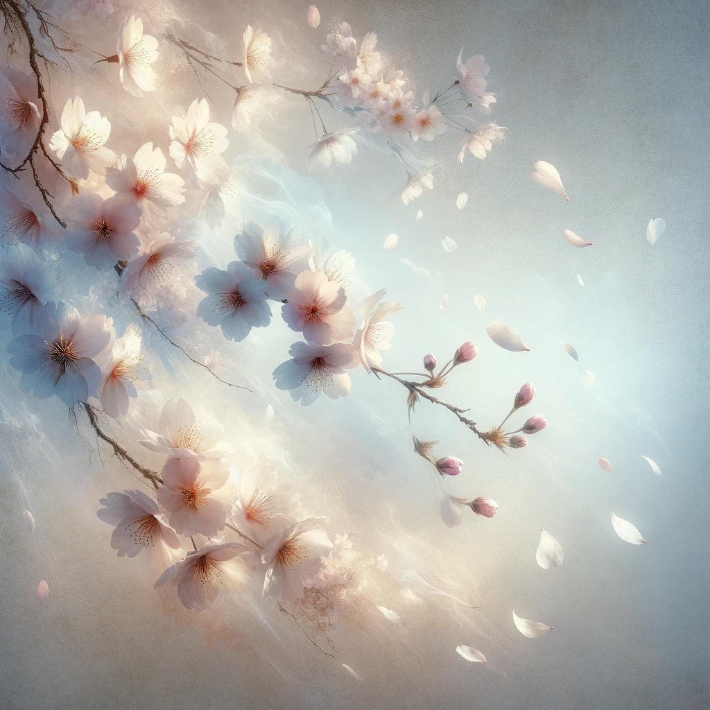 Essence of cherry blossoms in Japan and the philosophy of mono no aware depicts the ethereal beauty of sakura blooms, capturing their delicate, pale petals and symbolizing the transient nature of life and beauty