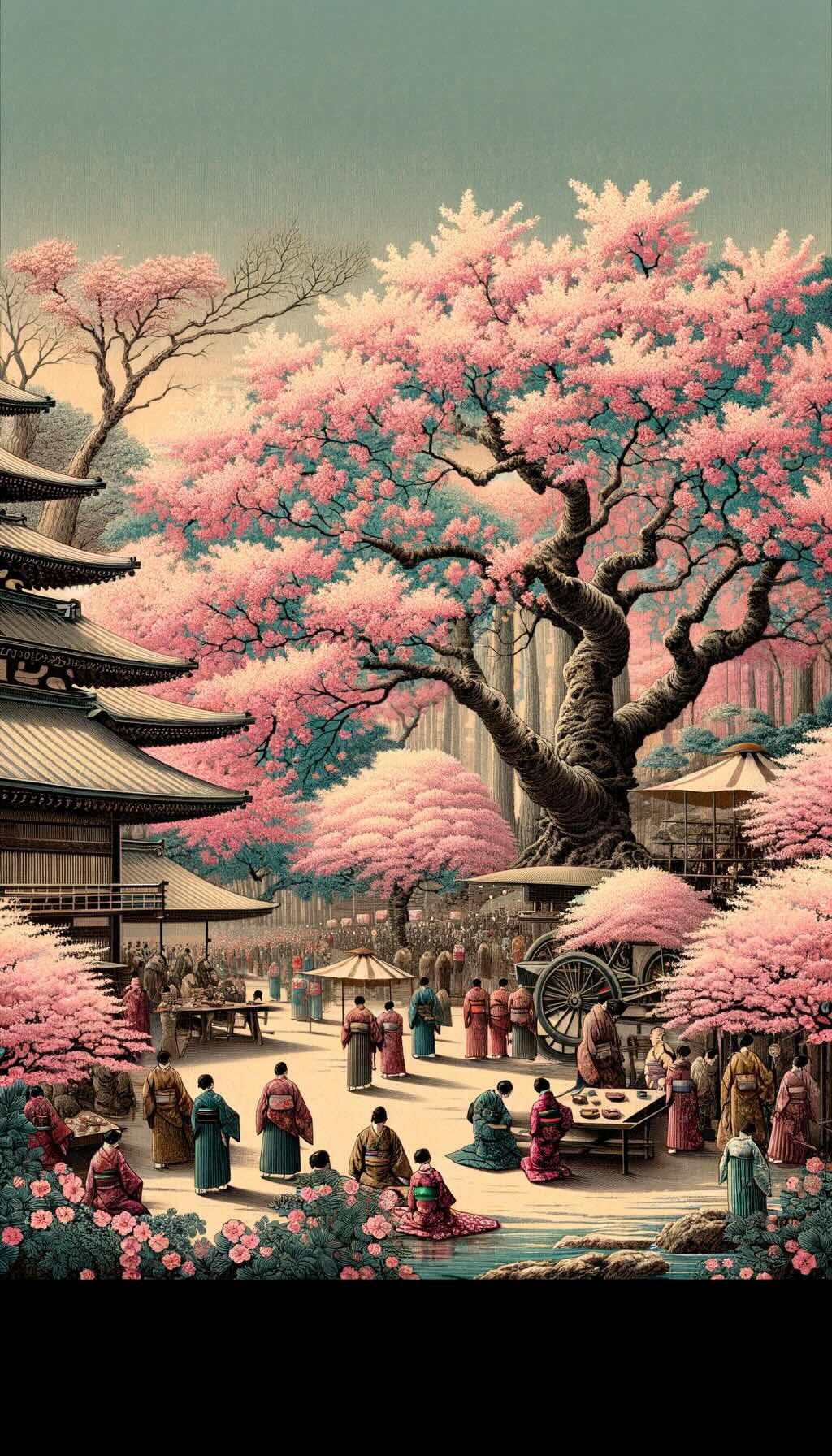 Essence of early and late blossoming cherry trees in Japan, along with the historical and cultural significance of sakura portrays the tranquil scenes of less crowded cherry blossom viewing, traditional hanami celebrations, and the modern appreciation of sakura.