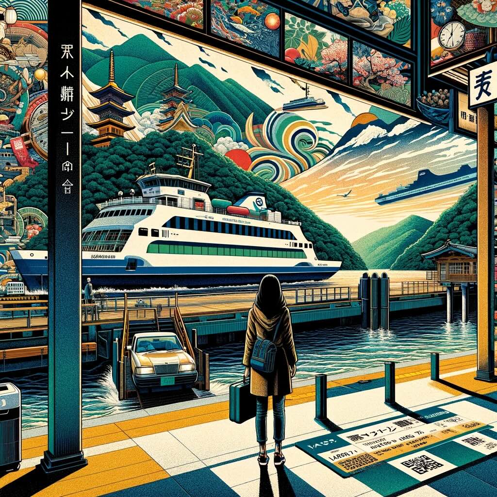 Essence of embarking on a ferry journey in Japan, depicting a traveler at the ferry terminal, ticket in hand, with a ferry ready to depart in the background. It showcases a rich collage of elements representing the journey's various aspects, including scenic routes, diverse ferry types, onboard amenities, and the serene beauty of the Japanese seascape. The traveler's anticipation and the vibrant, detailed surroundings convey the adventure and cultural immersion that await utilizing dynamic shapes, bold colors, and a blend of traditional and modern aesthetics to depict the richness and tranquility of ferry travel in Japan, highlighting exploration, slow travel, and a deep connection with nature's rhythms and scenic vistas.