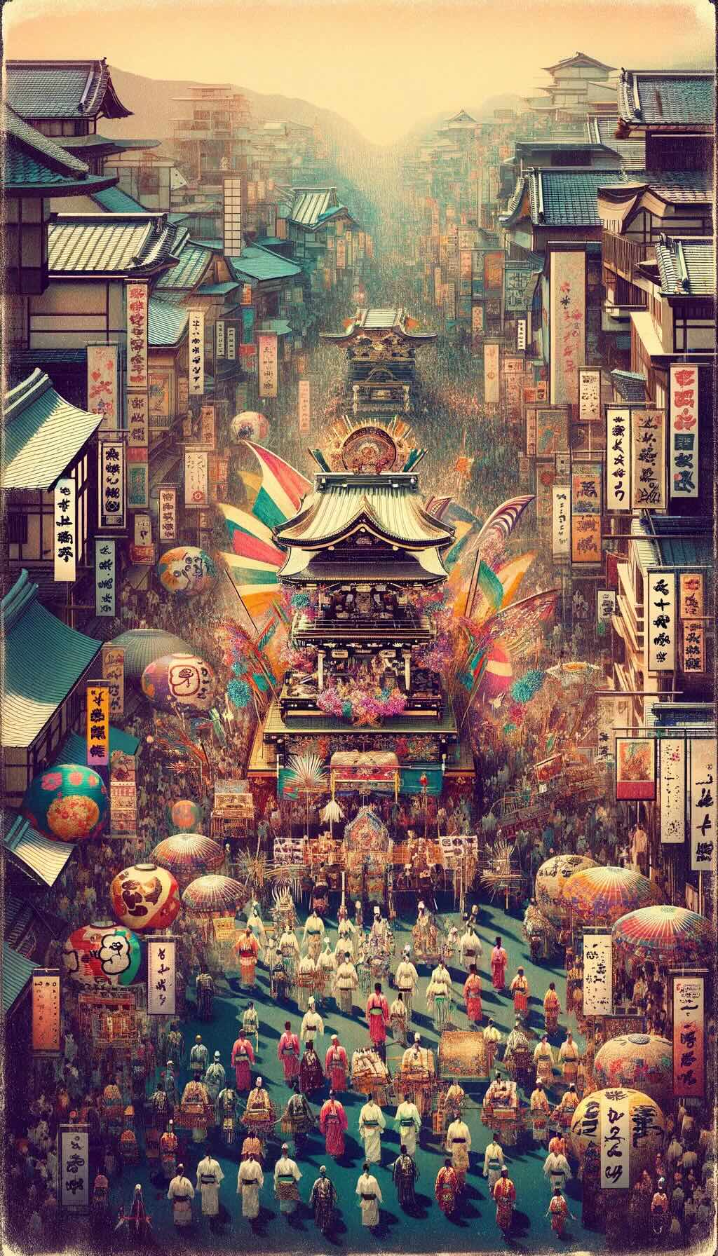 Essence of Matsuri, the vibrant and colorful festivals of Japan, in a retro fade style. It features elements like traditional costumes, street parades, and ceremonial activities, showcasing the diversity from urban celebrations to traditional rituals. The use of rich, vibrant colors with a faded, nostalgic feel conveys the communal joy, reverence, and cultural pride that these festivals bring to Japanese communities.