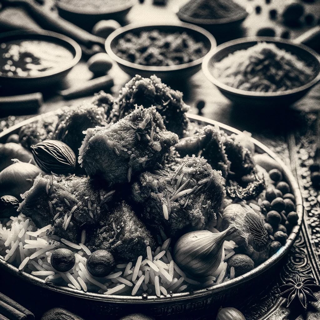 Essence of Multan's famous dishes, like mutton karahi or biryani, highlighting the rich textures and culinary tradition these dishes represent.