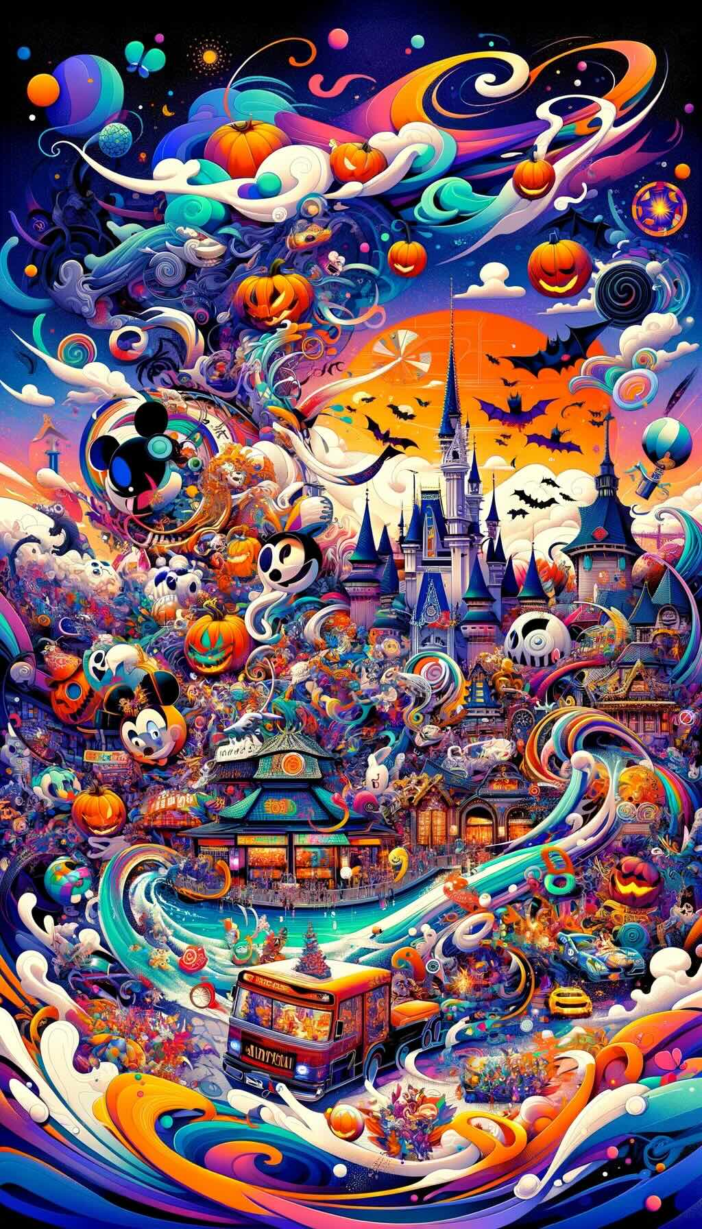 Essence of notable seasonal festivals across various theme parks in Japan. It depicts the vibrant celebrations and unique themes from Tokyo Disneyland and DisneySea's Tanabata Days, Universal Studios Japan's Cool Japan event, Fuji-Q Highland's spooky Halloween, and Harmonyland's cute seasonal events. It incorporates elements that symbolize the festive atmosphere, cultural traditions, and the blend of excitement and enchantment these festivals bring to the parks. A dynamic array of colors, symbolic motifs, and imaginative compositions convey the diverse and lively spirit of these events. 