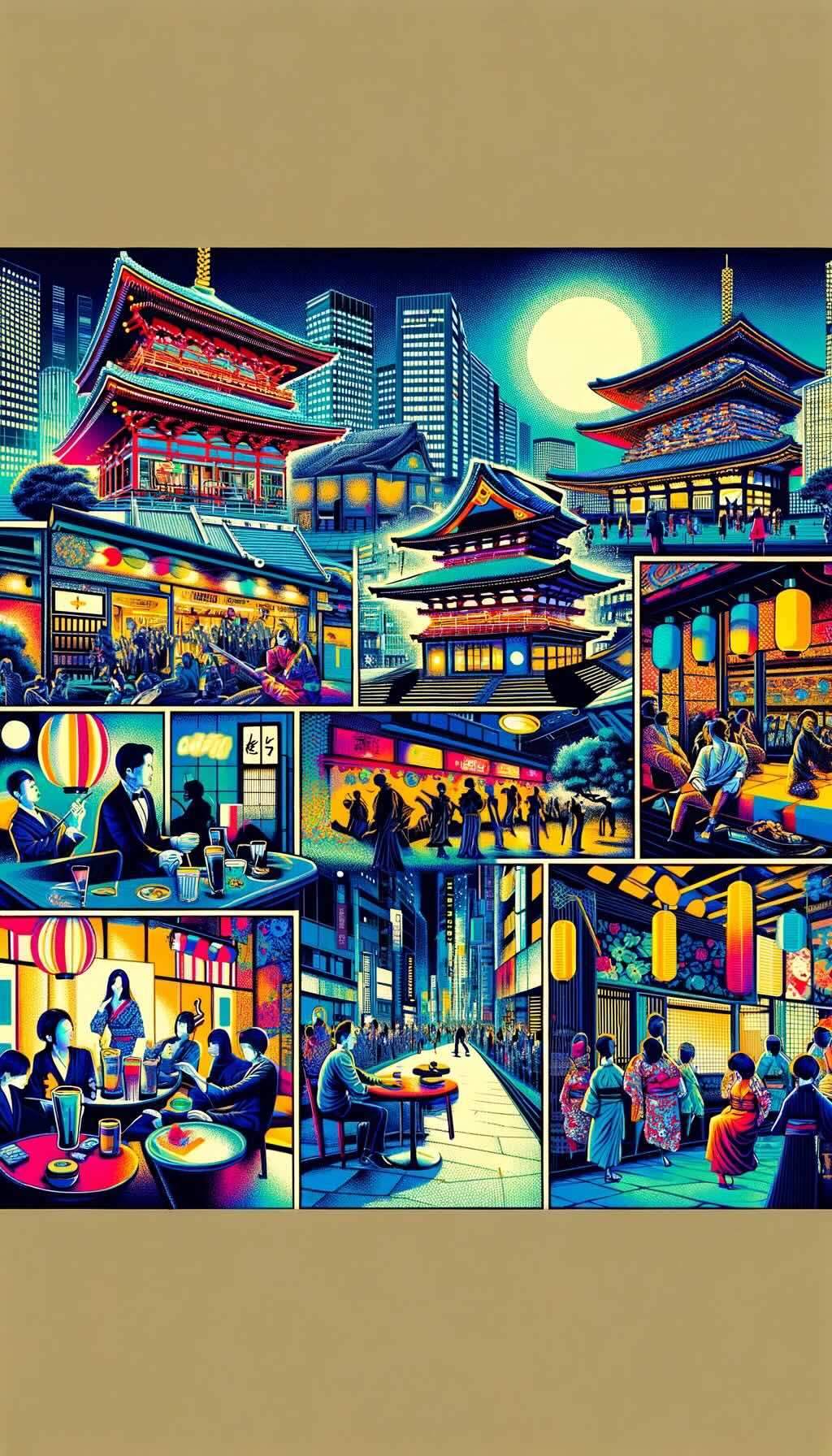 Essence of Tokyo's diverse nightlife scene showcases the variety of nocturnal experiences the city offers, including traditional arts performances, modern music acts, lively bars, and serene cultural spaces. The artwork reflects the city's unique blend of tradition and modernity, appealing to a wide range of tastes and interests, and mirrors the vibrant, colorful, and dynamic nature of Tokyo's nightlife