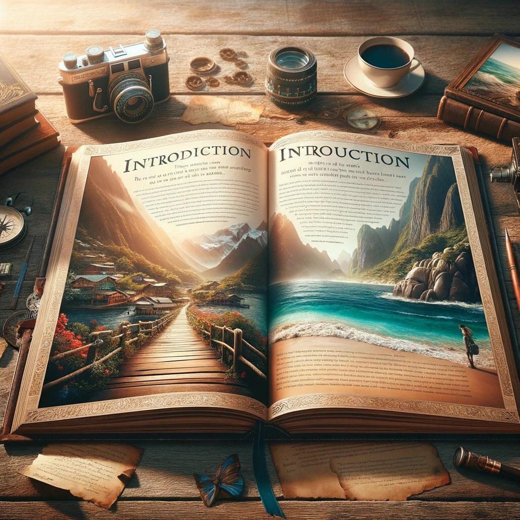 Essence of writing strong introductions for a travel guide. This image sets the stage for an adventure, with an open book on a rustic table inviting the reader to embark on an unforgettable journey right from the first word.