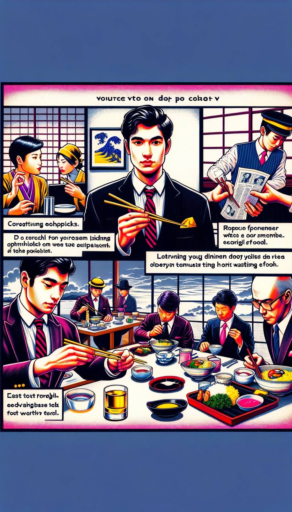 Etiquette tips and advice for foreigners in Japanese dining settings, depicting a foreigner engaging with the culture and learning the customs, 