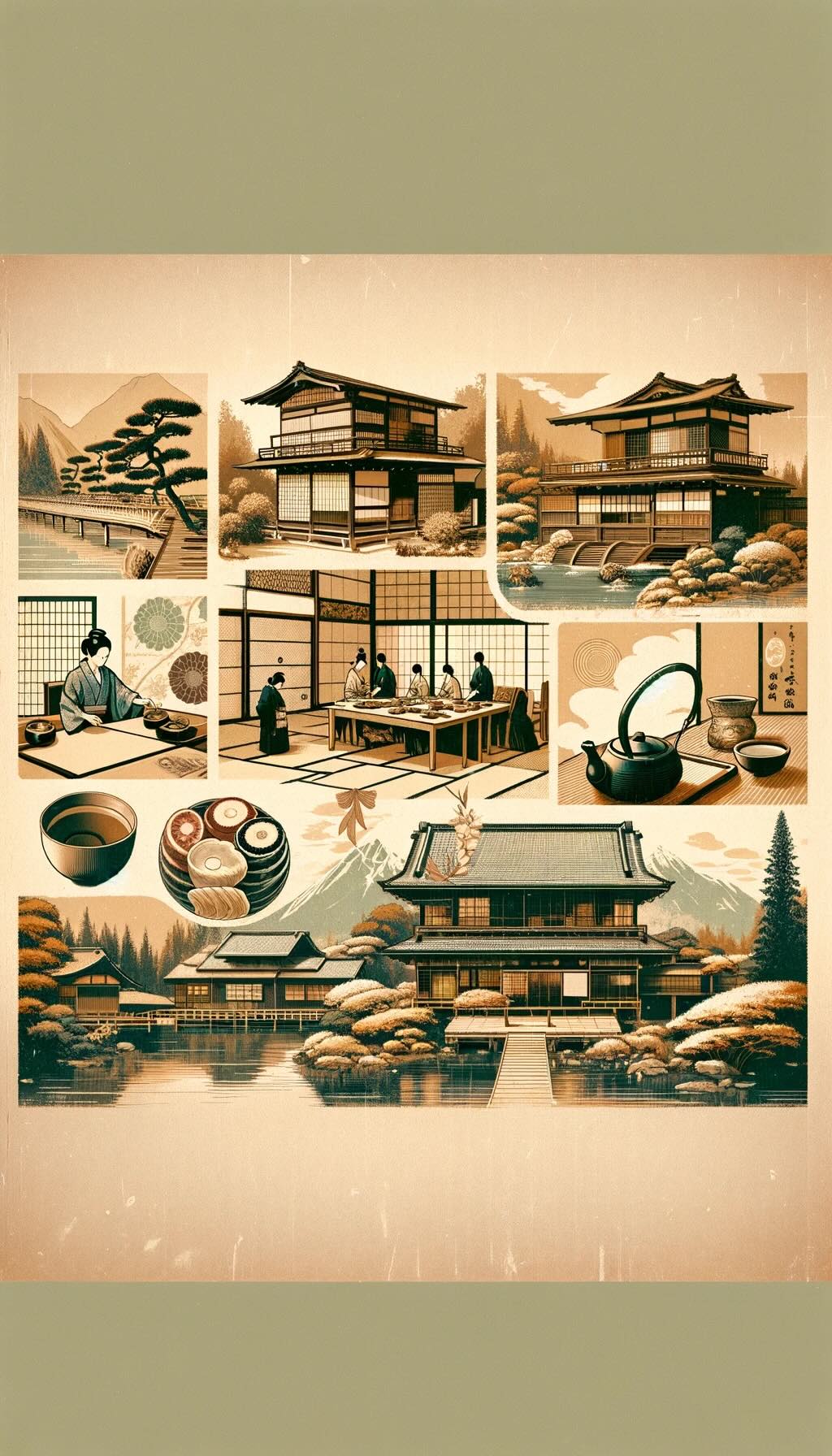 Evolution and cultural significance of ryokans, traditional Japanese inns. This collage melds various elements representing the history and essence of ryokans, including scenes of tatami rooms, tea ceremonies, and meticulously curated gardens, symbolizing aesthetic values such as 'wabi-sabi' and 'ma'. It also features scenes of a 'kaiseki' meal, highlighting the culinary heritage and artistic expression of local ingredients. This artwork beautifully emphasizes the transition of ryokans from simple lodgings to embodiments of Japanese culture, showcasing their simplicity, connection with nature, and the passage of time