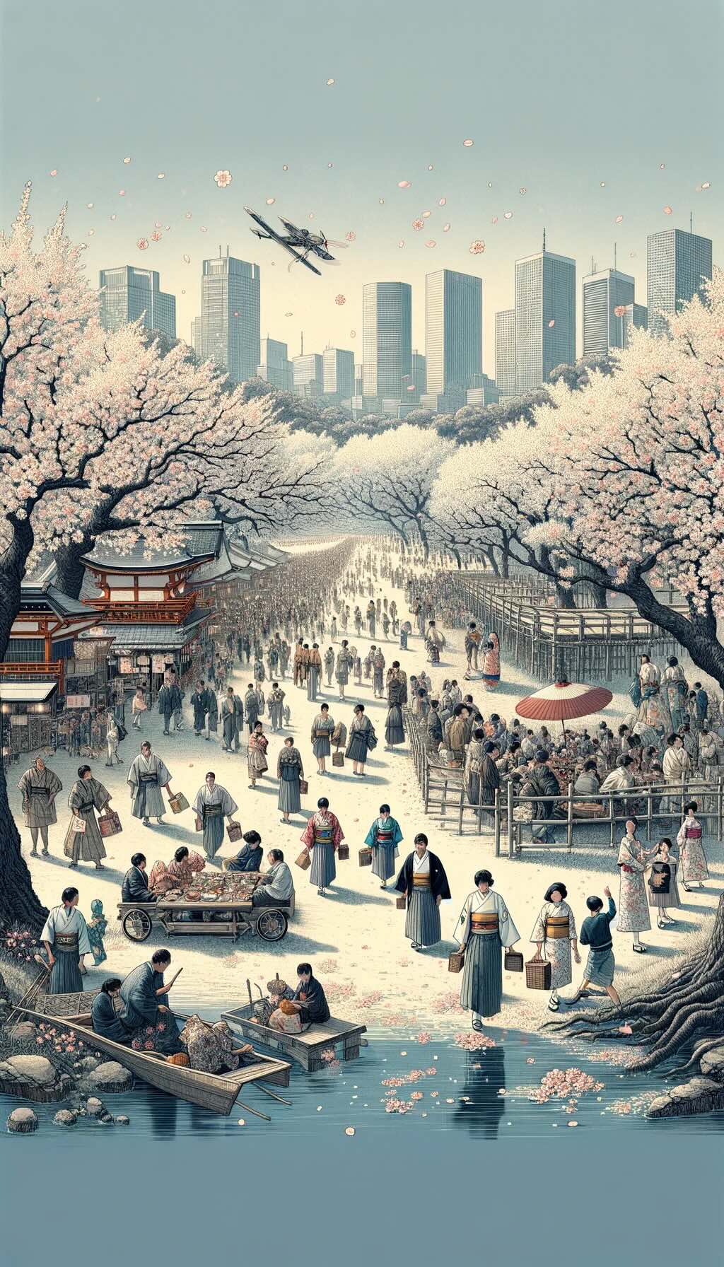 Evolution of the Hanami tradition over time in Japan transformation of Hanami from an elite pastime to a national symbol and a modern celebration, blending historical elements with contemporary Japanese life amidst the beauty of cherry blossoms