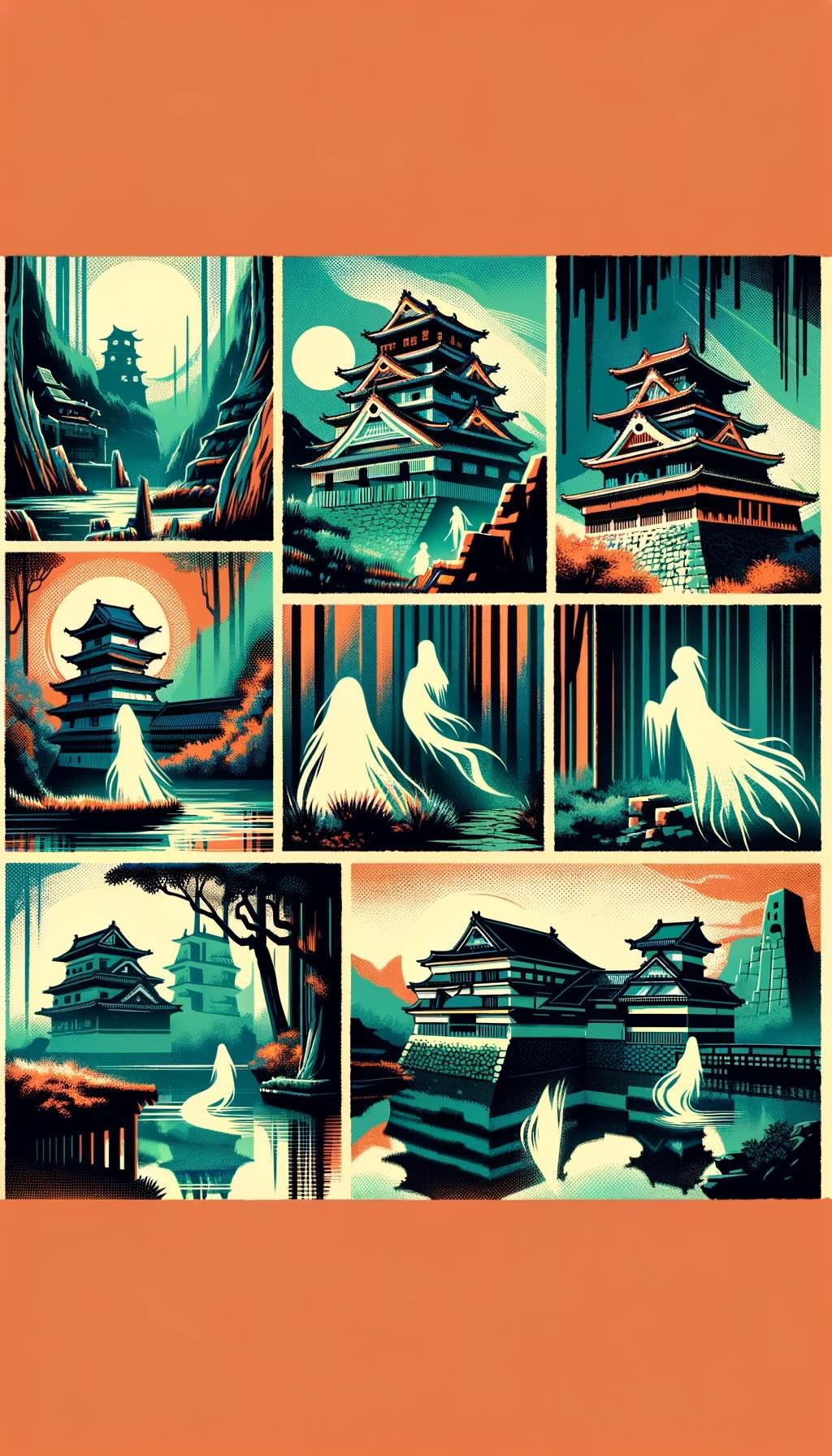 Exploration of Japan's haunted historical sites. Mystical Atmosphere: The artwork captures a mystical and eerie atmosphere, characteristic of haunted locations in Japan. Iconic Haunted Sites: It showcases several scenes of iconic haunted places, such as ancient castles, abandoned temples, and eerie forests. Supernatural Essence: Each scene is imbued with a mysterious and supernatural feel, featuring ghostly figures and spectral elements integrated subtly into the landscapes. Artistic Interpretation: The style is inspired by early 20th-century avant-garde movements, utilizing bold colors, geometric shapes, and abstract forms. Dynamic Representation: The composition creates a dynamic and otherworldly representation of Japan's haunted historical sites, inviting viewers to sense the haunting beauty and mystery of these locations. This image aims to convey the unique and eerie charm of Japan's haunted historical sites, blending art with the supernatural.