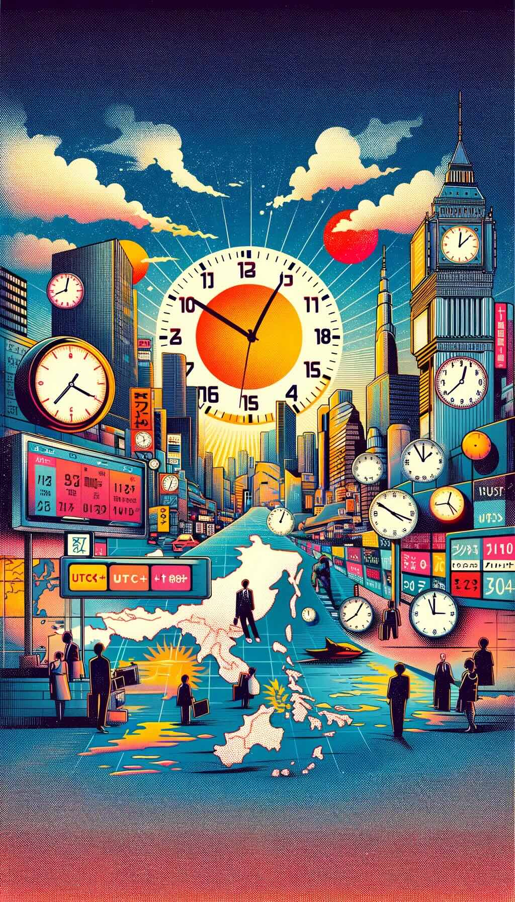 Explores Japan Standard Time (JST) in the context of regional travel. It juxtaposes JST with neighboring time zones, such as South Korea (UTC+9), China (UTC+8), and Southeast Asian countries (UTC+7). The artwork illustrates travelers experiencing time shifts while moving between these regions, capturing moments like the sun setting in Tokyo and rising in Beijing. The image shows the orchestration of multi-country itineraries in East Asia, featuring visual cues like clocks set to different times, world clock apps, and a map highlighting time zone differences. It emphasizes the ripple effects of time differences on business and cultural exchanges, including international meetings and regional events. This artwork captures the complexity and beauty of navigating time zones in East Asia, depicted in a unique blend of retro fade, Pop-art, and Avant Garde styles, symbolizing the harmony and diversity of regional timekeeping