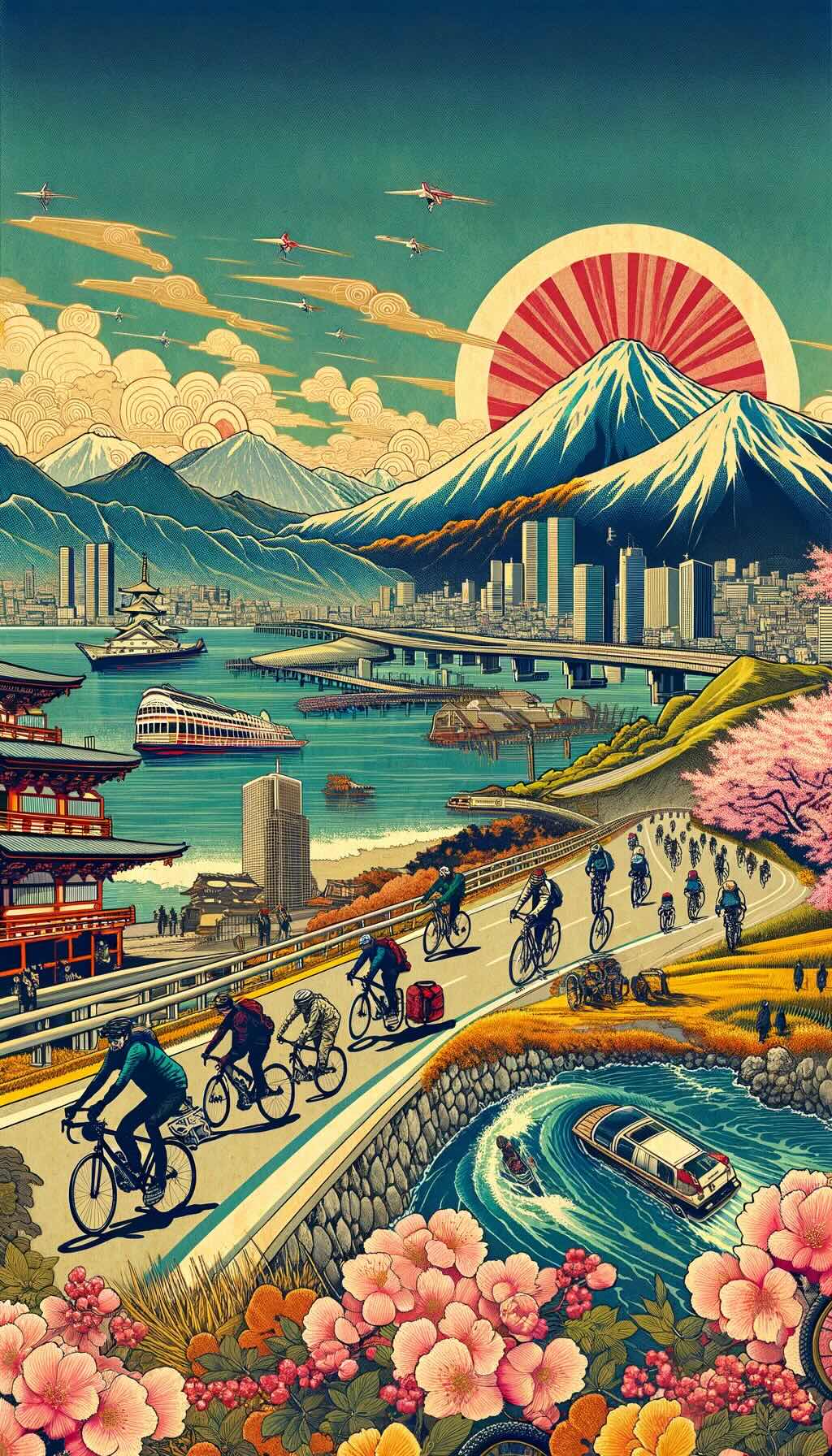 Exploring Japan by bike depicts various scenic bike routes and rides across Japan, capturing the essence of cycling exploration in the country's rich and varied environments