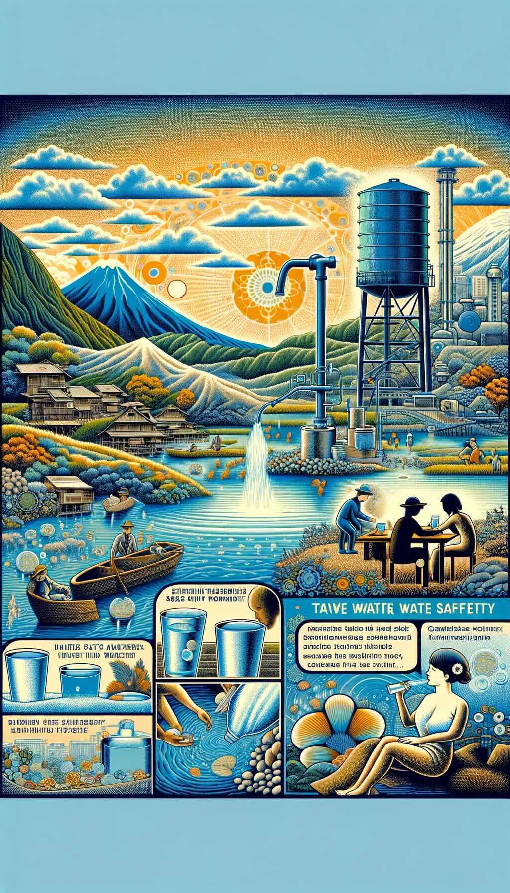 Exploring the health benefits of drinking tap water in Japan and addressing concerns about contaminants depicts the purity and safety of Japanese tap water, emphasizing its benefits for health and wellness. It includes scenes of travelers drinking tap water while exploring various Japanese landscapes and visuals representing advanced water treatment methods ensuring the water's safety. The image also offers tips for sensitive travelers, like using travel water filters conveys the theme of healthful hydration and safety in the context of travel in Japan.