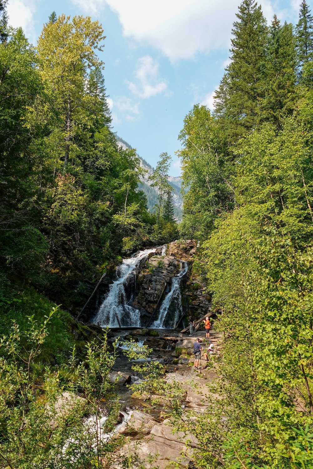 Fairy Creek Falls waterfall hike near Fernie Fairy Creek Falls near Fernie, BC cascades over layered rock into a forested creek, surrounded by lush green trees and a rocky viewing area where hikers pause to take photos on a clear summer day.