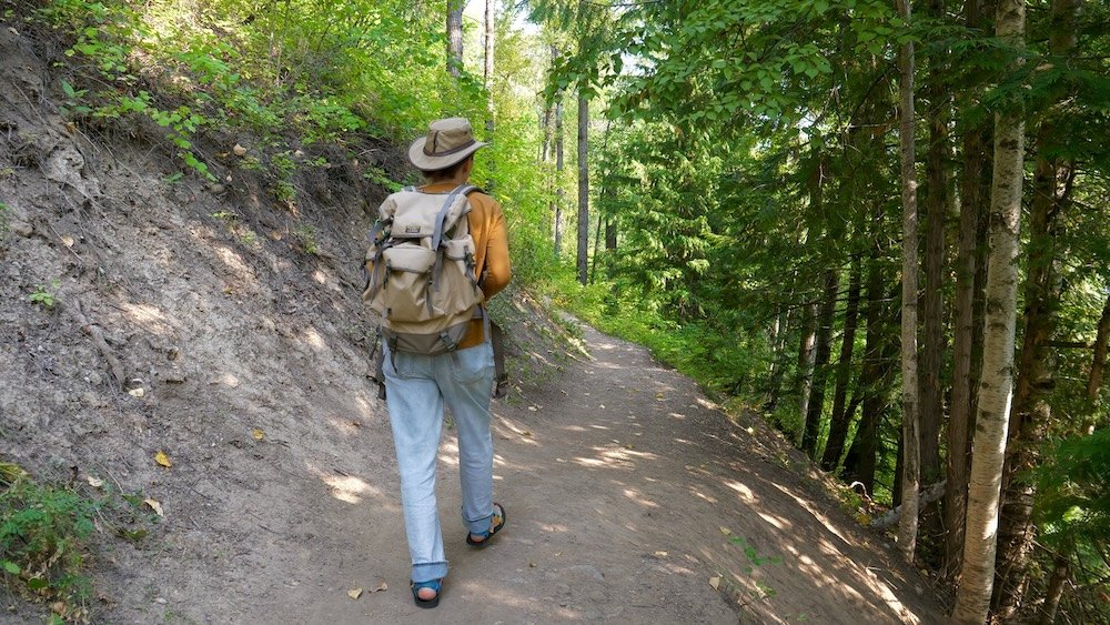 Fairy Creek Falls hike in Fernie, BC with Audrey Bergner enjoying a forest trail adventure Fairy Creek Falls in Fernie, British Columbia, showing Audrey Bergner hiking along a shaded forest trail while exploring the area on a relaxed family adventure that highlights Fernie’s accessible hiking, lush scenery, and easygoing outdoor experiences.