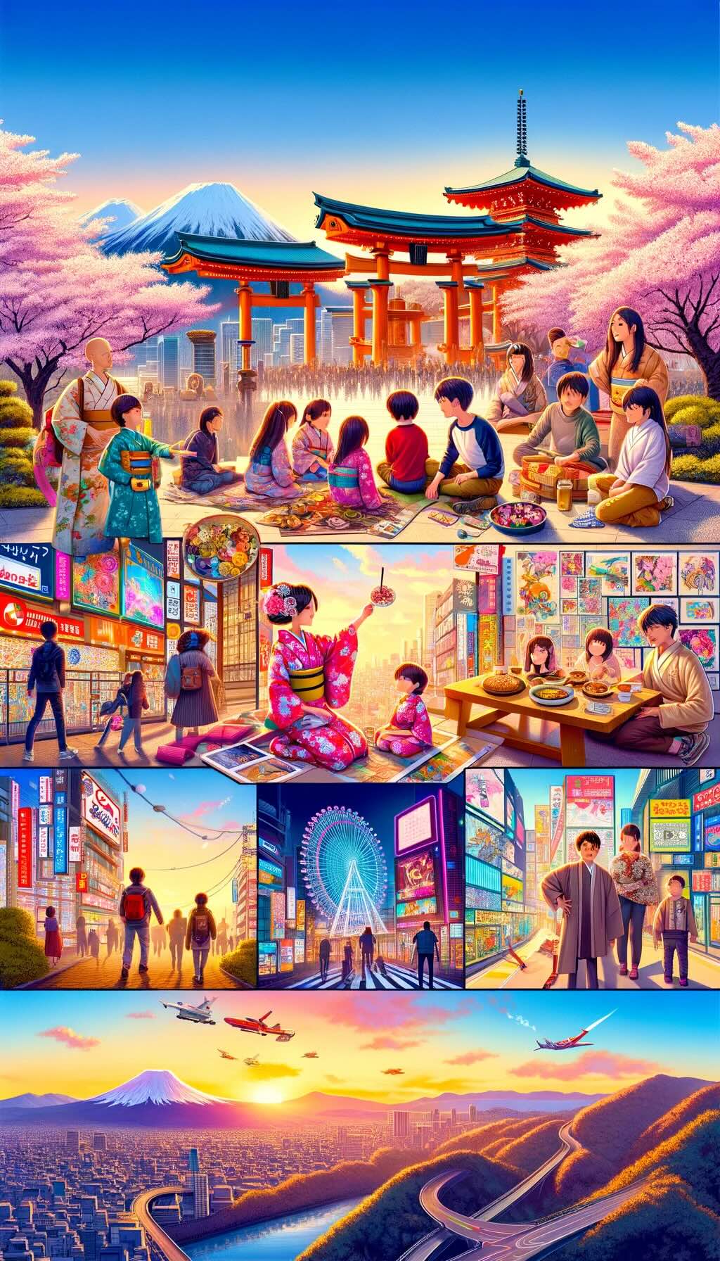 Family-friendly activities and spots in Japan showcases iconic landmarks and experiences, from enjoying cherry blossoms to exploring technological marvels in Tokyo, participating in traditional ceremonies, having fun at theme parks, and hiking in natural landscapes. This vibrant and colorful artwork is designed to evoke the essence of a family-friendly trip to Japan