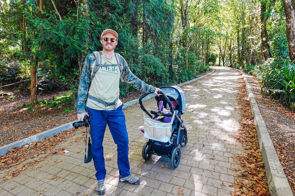 Forest path near Puerto Varas in Chile’s Los Lagos Region, showing how smooth-looking Patagonia family outings still require stroller judgement and flexible gear planning with Samuel Jeffery and Aurelia Jeffery.