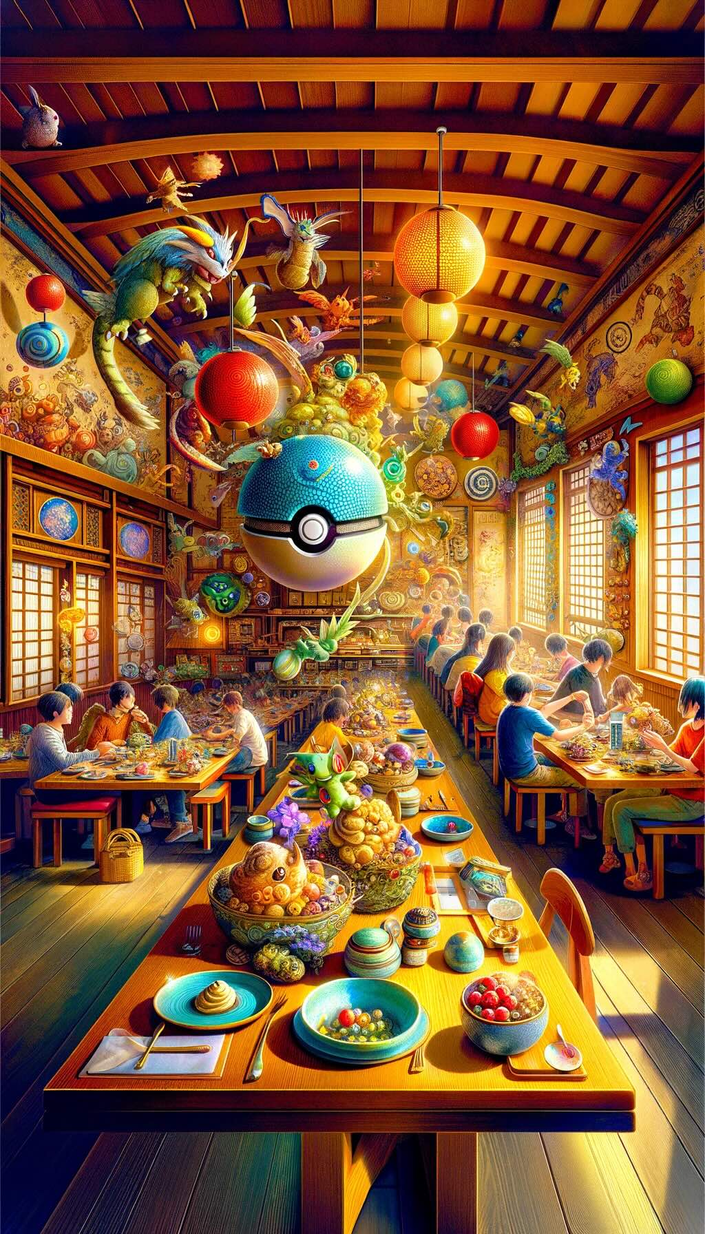 Fantasy-themed cafe inspired by a popular monster-catching video game series vividly captures the vibrant atmosphere of the cafe, with patrons enjoying whimsical, game-inspired dishes and desserts in a setting filled with adventurous motifs and decorations