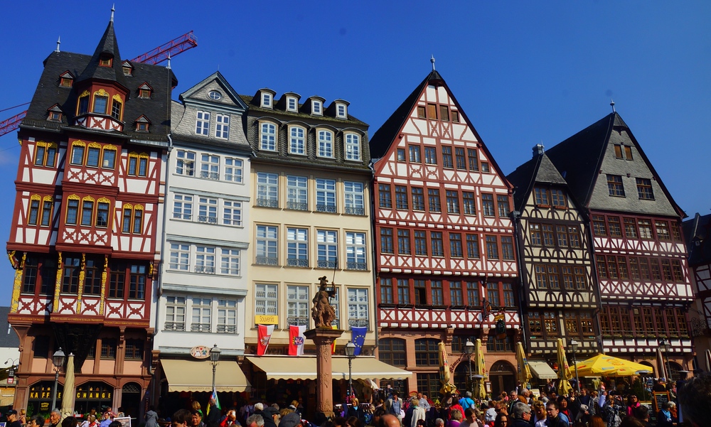 Fascinating tall narrow German architecture in the town square of Frankfurt, Germany