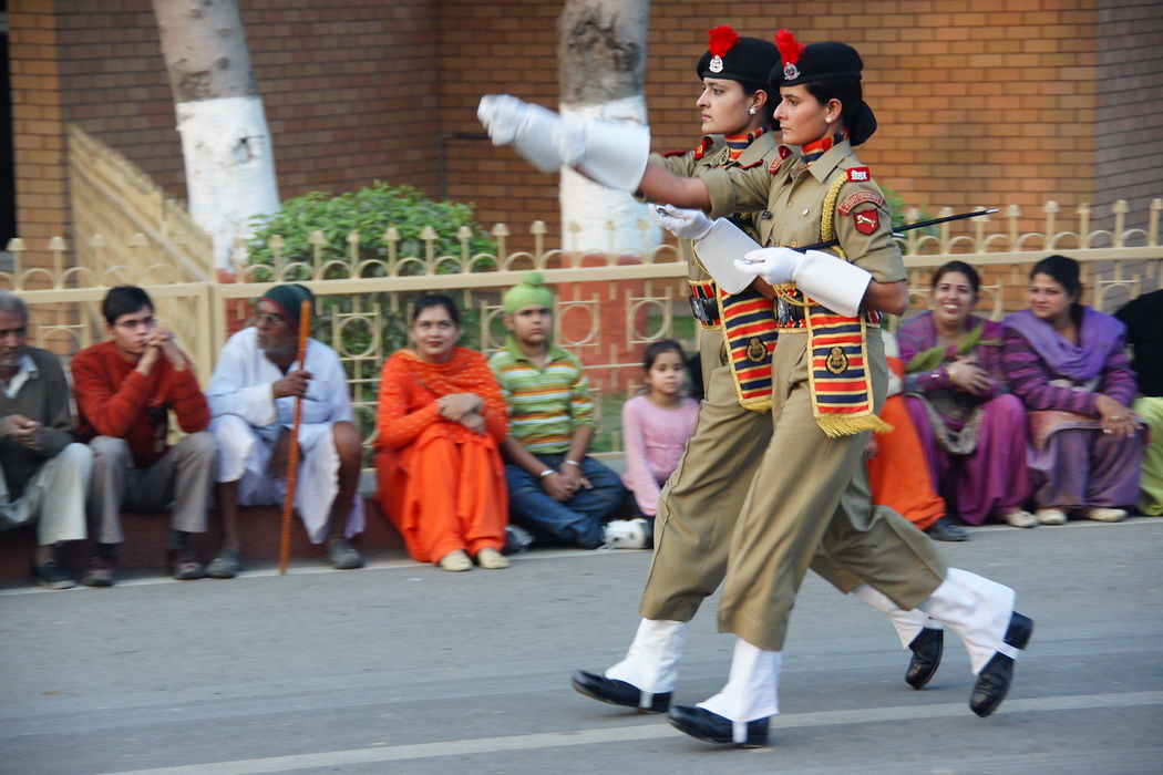 Female border guards marching from the India and Pakistan border closing ceremony 