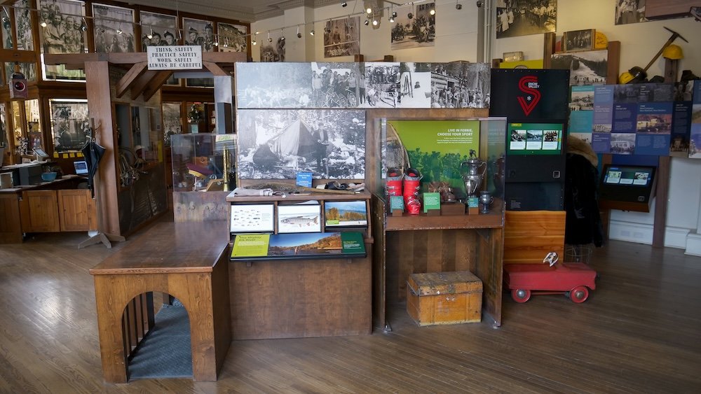 Fernie, BC Museum interior historic exhibits Inside the Fernie Museum in Fernie, BC, showcasing fascinating historical displays with archival photographs, mining artifacts, interpretive panels, and hands-on exhibits that tell the story of Fernie’s coal-mining past, community resilience, and transformation into a mountain town.