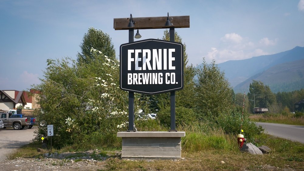 Fernie Brewing Company sign in Fernie, BC Fernie Brewing Company roadside sign in Fernie, British Columbia, marking the entrance to the popular craft brewery just off Highway 3, a familiar landmark for travellers stopping in for a post-hike beer while exploring the Canadian Rockies.