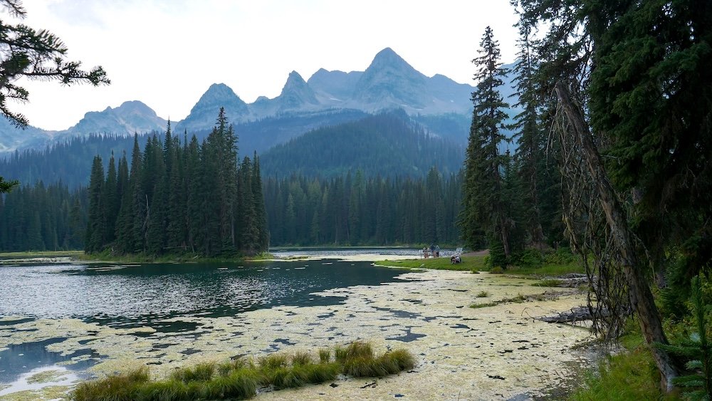 Fernie, British Columbia alpine scenery at Island Lake Lodge showing dramatic mountain peaks, evergreen forest, and a reflective lakeside setting, highlighting why Island Lake Lodge is one of the most visually impressive nature stops on a Fernie day trip.