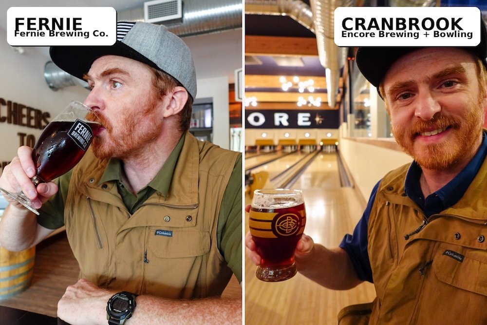 Fernie vs Cranbrook beer comparison: Fernie Brewing Company vs Encore Brewing bowling Fernie vs Cranbrook, BC: Nomadic Samuel enjoying a post-hike beer at Fernie Brewing Company on the left, and sipping a pint at Encore Brewing while bowling and eating pizza on the right—two East Kootenay nightlife vibes.