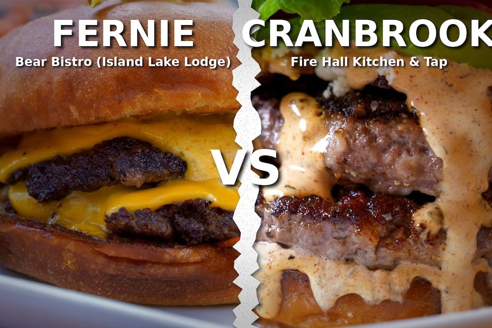 Fernie vs Cranbrook burger showdown: Bear Bistro vs Fire Hall Kitchen & Tap Fernie vs Cranbrook burger showdown: Bear Bistro at Island Lake Lodge in Fernie faces Fire Hall Kitchen & Tap in Cranbrook in a torn-paper split collage, highlighting two East Kootenay stops for road-trip foodies.
