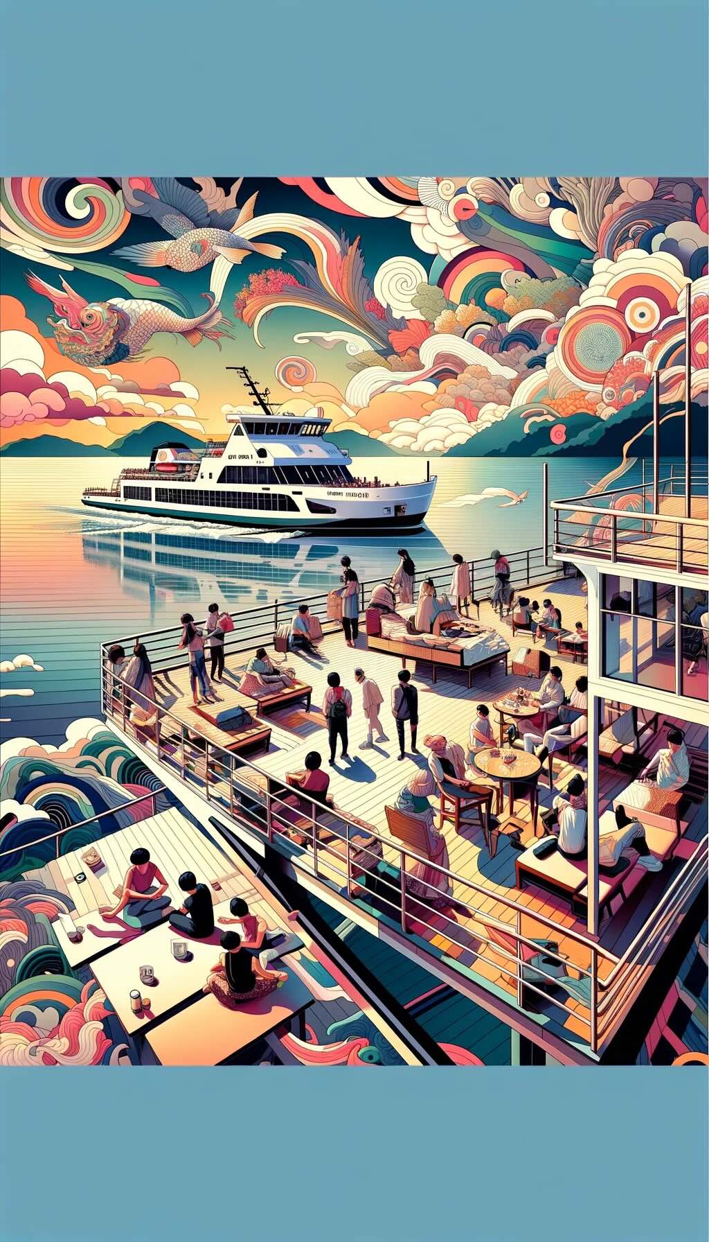 Essence of a ferry journey in Japan, depicting travelers engaging in various aspects of the experience. It showcases moments of enjoyment such as admiring scenic views from the deck, using onboard amenities like lounges and onsens, participating in cultural activities, and social interactions. Additionally, it conveys preparedness for unforeseen circumstances, with visual cues like travelers consulting smartphones for updates, discussing alternate plans, and carrying essentials for comfort. It captures the vibrant, abstract interpretation of the ferry journey's potential highs and lows, emphasizing a blend of adventure, cultural immersion, and pragmatic travel planning.