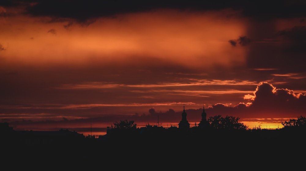 Fiery red sunset in Krakow, Poland 